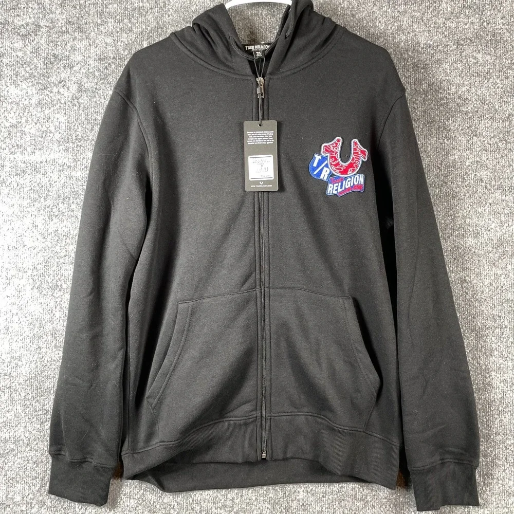 True Religion Hoodie Mens Medium Black Full Zip World Tour Rock‎ Back Hit Grunge